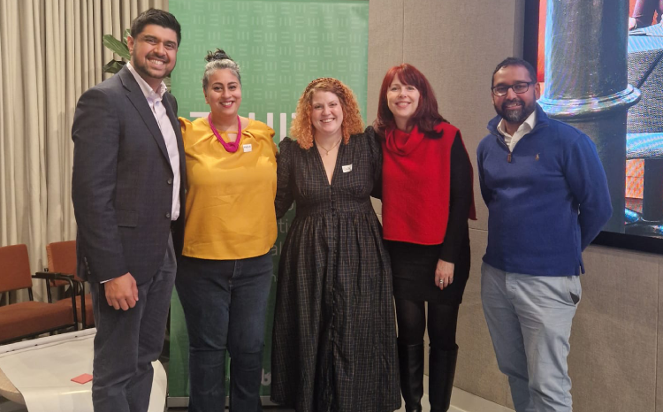 (L to R) Gurnak Dosanjh, deputy chief clinical information officer and integrated care board (ICB) clinical lead at NHS Leicester, Leicestershire and Rutland, Ayesha Rahim, clinical lead for digital mental health, Transformation Directorate at NHS England, Emily Burch, chief nursing information officer at North London NHS Foundation Trust, Victoria Betton, director at Peopledotcom, and Hassan Chaudhury, commercial director at DATA-CAN
