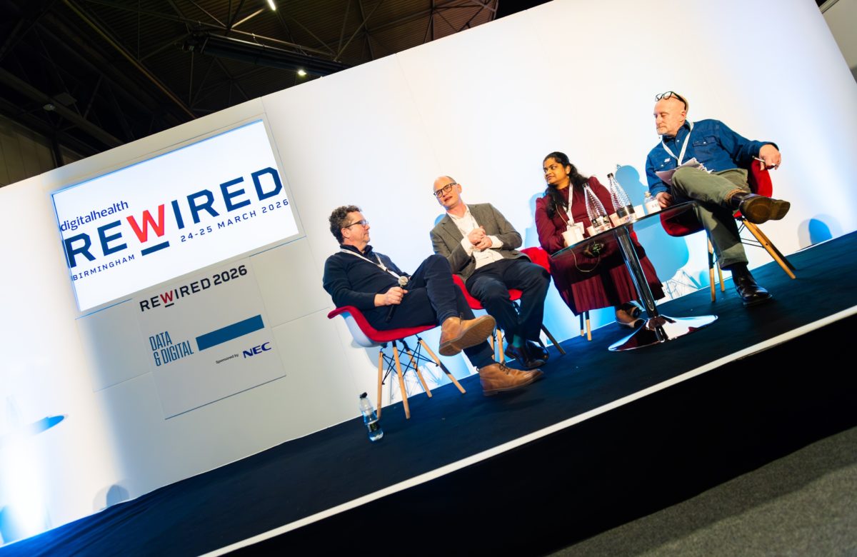 Jon Hoeksma, chief executive at Future Health Intelligence; Will Monaghan, group chief digital information officer at University Hospital Leicester NHS Trust; Kavitha Saravanakumar, interim chief information officer, NHS North West London; and Marc Farr, chief analytical officer at East Kent Hospitals University NHS Foundation Trust on the stage at Rewired 2026