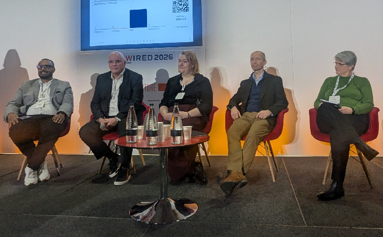(L-R) Professor Sultan Mahmud, director of health and communities at BT, Tony Cobain, digital director, MIAA, Michelle Corrigan, programme director, Digital Care Hub, Mike Fell, executive director of National Cyber Operations, NHS England, and Fay Stevenson, IT director, Barts Health NHS Trust on stage at a cyber security panel at Rewired 2026