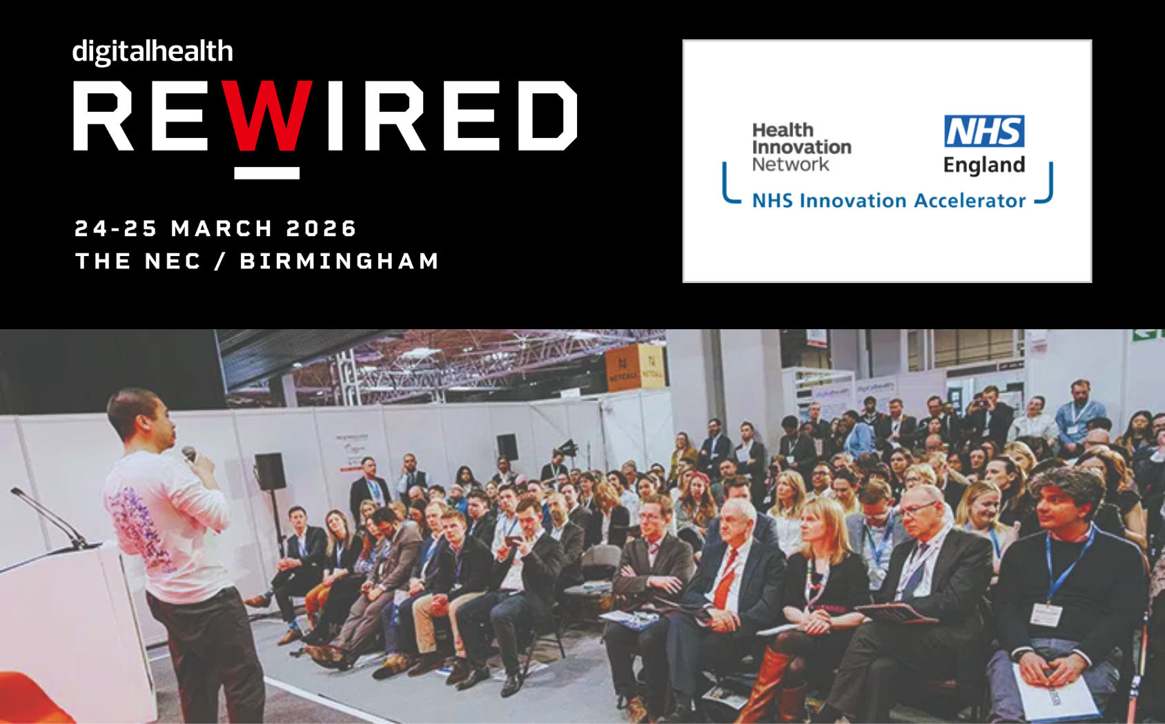 Audience gathered for an NHS Innovation Accelerator session at Digital Health Rewired 2025, with a speaker presenting to a seated crowd at the NEC Birmingham.