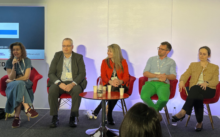 (L to R) Amy Freeman, CDIO at University Hospitals of North Midlands NHS Trust and chair of the CIO Advisory Panel, John Mitchell, associate director of digital at NHS Humber and North Yorkshire ICB and chair of the ICS Digital Council, Hayley Grafton, CNIO at University Hospitals of Leicester NHS Trust and chair of the CNIO Advisory Panel, Ben Jeeves, CCIO and CSO at T-Pro and chair of the CSO Council, and Penny Kechagioglou, consultant clinical oncologist, CCIO and deputy chief medical officer at University Hospitals Coventry and Warwickshire NHS Trust and chair of the CCIO Advisory Panel