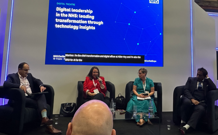 (L to R) Dr Alec Price-Forbes, national CCIO, NHS England, Kate Warriner, chief transformation and digital officer, Alder Hey NHS Foundation Trust, Helen Balsdon, national CNIO, NHS England, and Dr Shankar Sridharan, national clinical lead for AI at NHS England, speaking at NHS ConfedExpo 2026